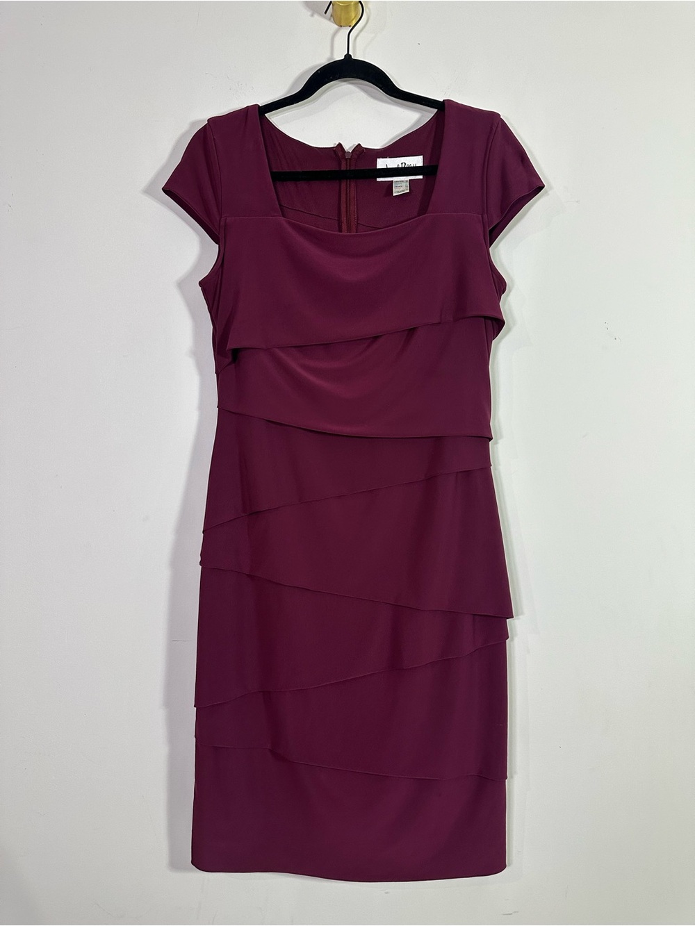 Joseph Ribkoff Burgundy Purple Short Sleeve Square Neck Tiered Midi Dress